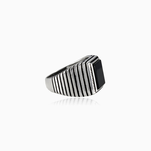 Emerald cut onyx men ring with detailed line design