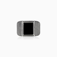 Emerald cut onyx men ring with detailed line design
