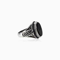 Oval cut onyx men ring with halo and detailed lines