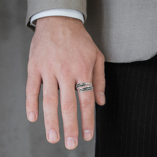 Sterling silver feather men ring