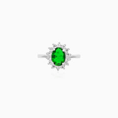Sterling Silver Oval Emerald Halo Ring