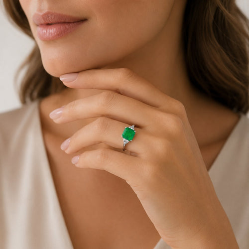 Sterling Silver Emerald-Cut Green Ring