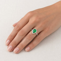 Sterling Silver Pear Cut Emerald Halo Ring