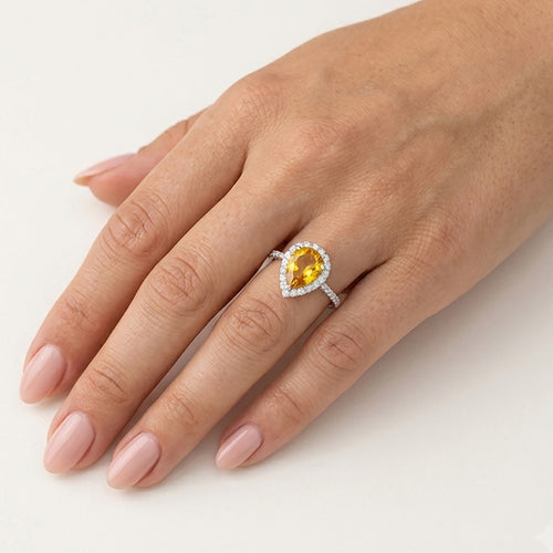 Sterling Silver Pear Citrine Halo Ring