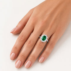 Sterling Silver Oval Emerald Halo Ring