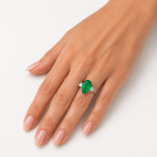 Sterling Silver Pear Emerald Ring