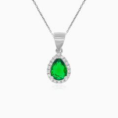 Sterling silver pendant with pear emerald and round zirconia