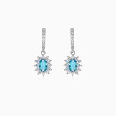Halo-Silber-Hängerohrringe mit Blau-Topas