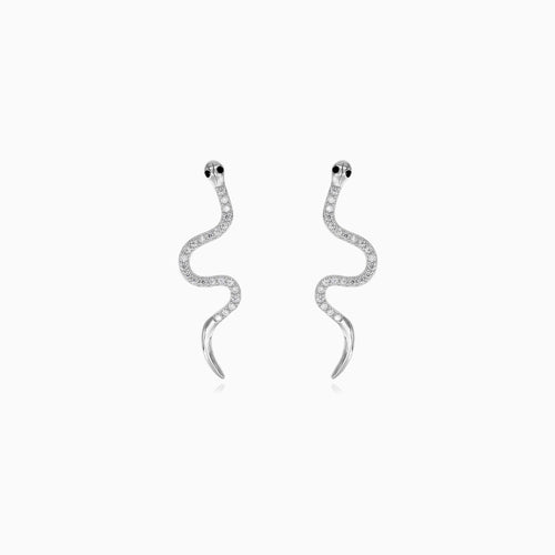 Boucles d'oreilles pendantes en argent sterling en forme de serpent avec onyx et zirconiums.