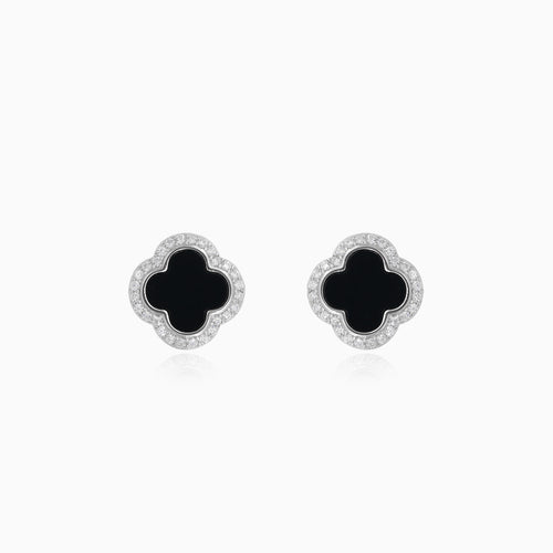 Halo sterling silver clover onyx stud earrings