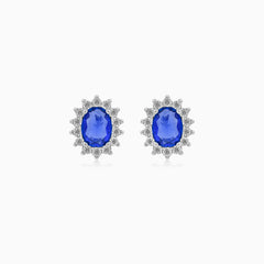 Sterling Silver Oval Sapphire Halo Stud Earrings