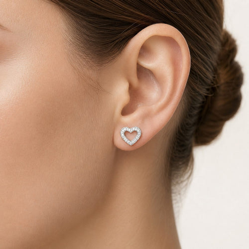 Sterling Silver Open Heart Cubic Zirconia Stud Earrings