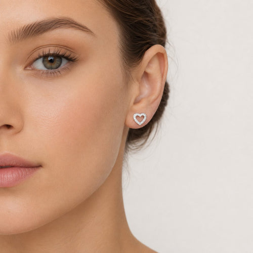 Sterling Silver Open Heart Cubic Zirconia Stud Earrings