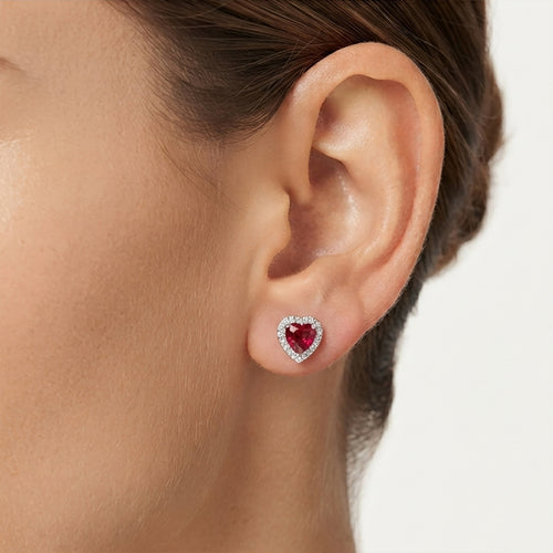 Sterling Silver Heart Ruby Halo Stud Earrings