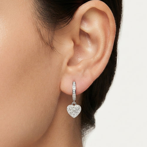 Sterling Silver Pavé Heart Drop Hoop Earrings