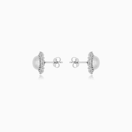 Sterling Silver Pearl Halo Stud Earrings