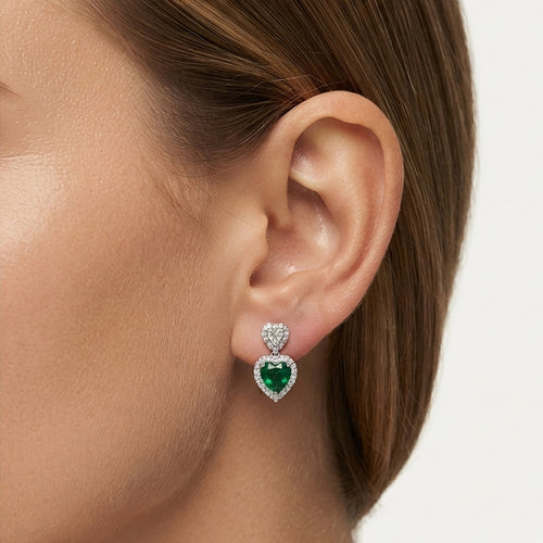 Sterling Silver Emerald Heart Dangling Earrings