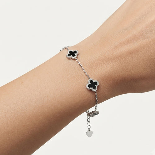 Sterling Silver Onyx Clover Bracelet