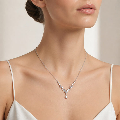 Sterling Silver Cubic Zirconia Floral Drop Necklace