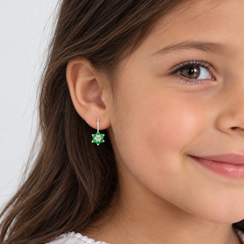 Drop flower earrings with emerald accent