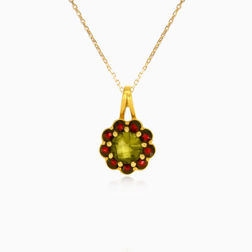 Floraler Harmony-Anhänger aus Gelbgold mit rundem fein gestuftem Moldavit und Granat