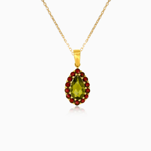 Majestätischer Harmony-Anhänger aus Gelbgold mit birnenförmigem Moldavit und rundem Granat