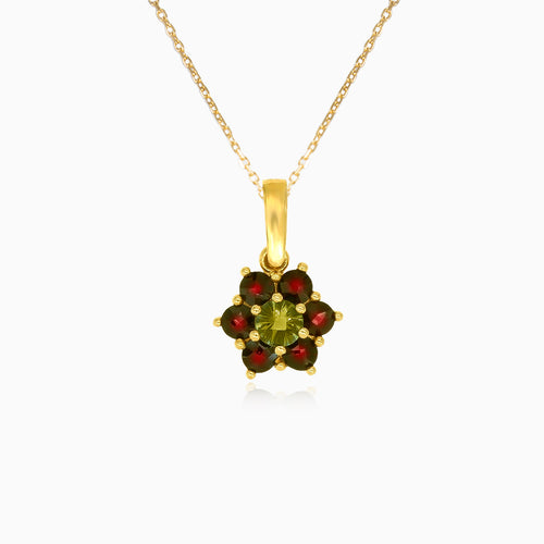 Floraler Celestia-Anhänger aus Gelbgold mit Moldavit und Granat