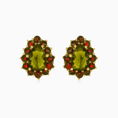 Visací naušnice  s broušeným moldavitem a granátem