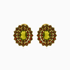 Zlaté visací náušnice s granátem a vltavínem