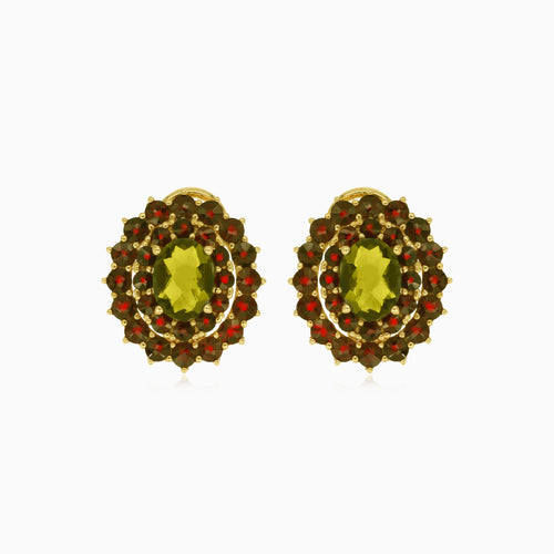 Zlaté visací náušnice s granátem a vltavínem