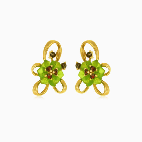 Elegant 14kt gold flower drop earrings with quartz and garnet