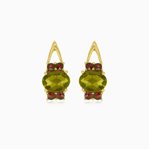 Nadčasové náušnice ze 14kt zlata s granátem a vltavínem