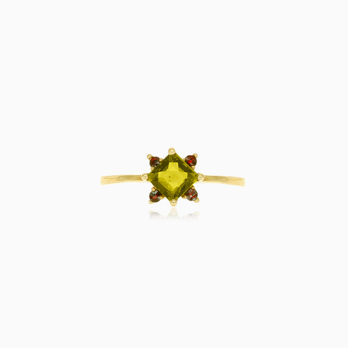 Eleganter Moldavit- und Granat-Ring