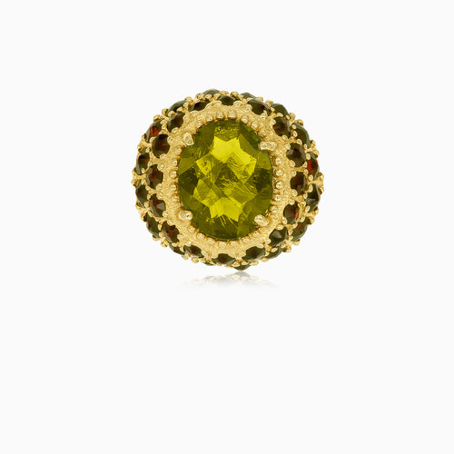Edelstein-Fusion Ring mit ovalem Moldavit und rundem Granat