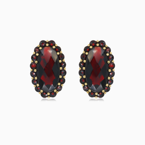 Elegantní  zlaté oválné a kulaté granátové náušnice