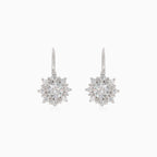 Silver drop earrings round flower with cubic zirconia