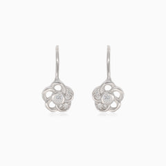 Silver flower drop earrings with half-covered cubic zirconia