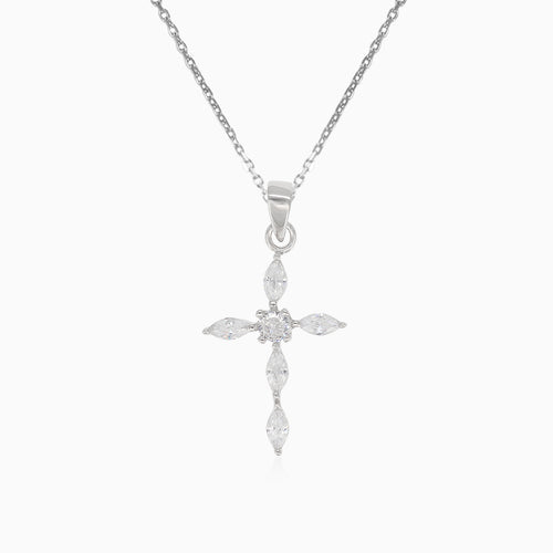 Silberanhänger Kreuz mit Marquise-Zirkonia und rundem Stein in der Mitte