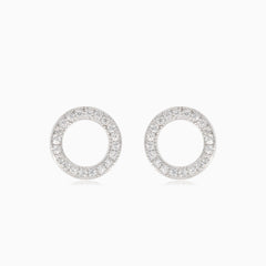 Silver stud earrings circle with cubic zirconia
