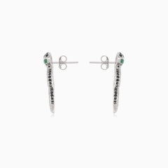 Silver snake earrings with transparent and black cubic zirconia