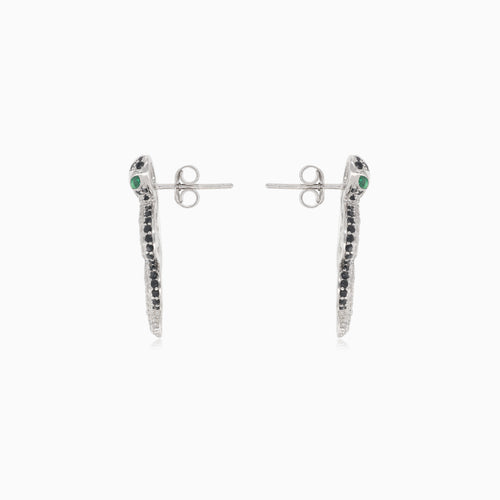 Silver snake earrings with transparent and black cubic zirconia