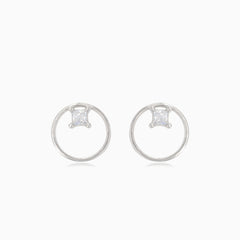 Silver earrings circle with cubic zirconia square