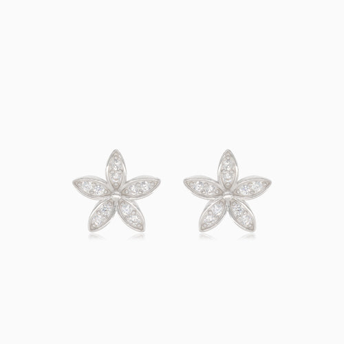 Silver flower earrings with embedded cubic zirconia