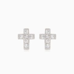 Silver stud earrings cross with cubic zirconia