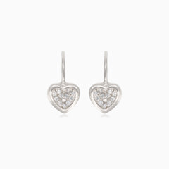 Silver earrings with heart and cubic zirconia in the middle