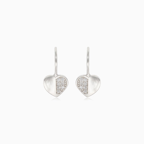 Silver heart earrings with half-covered cubic zirconia