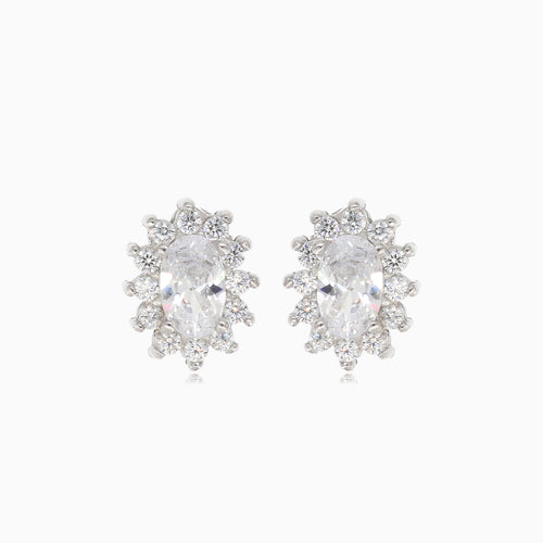 Silver halo earrings with oval cubic zirconia