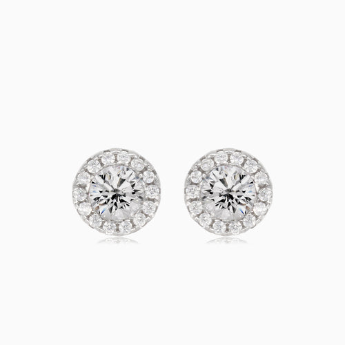 Silver earrings with central and surrounding cubic zirconia