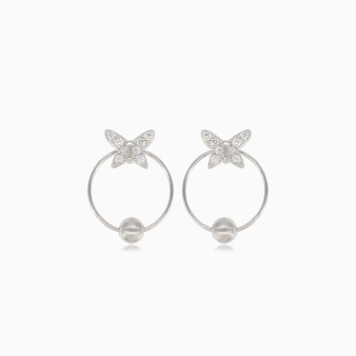 Silver butterfly earrings with ring