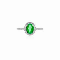 Halo silver ring with emerald and cubic zirconia